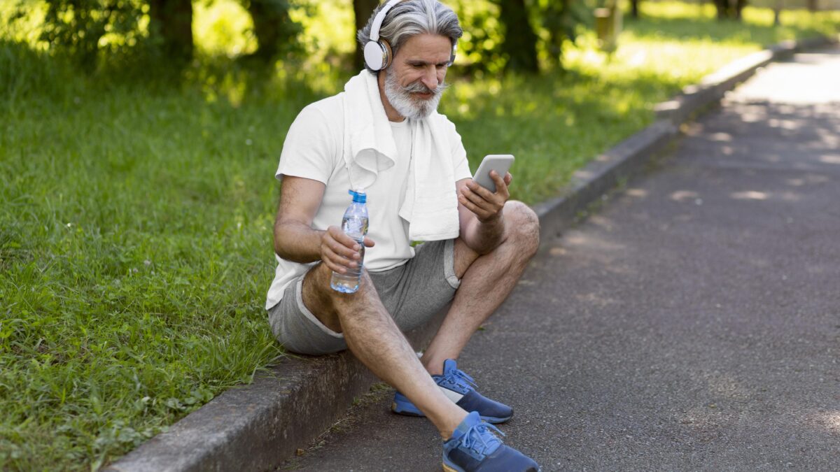 Ilustra a prática regular de exercícios para prevenir diabetes em adultos acima de 50 anos.