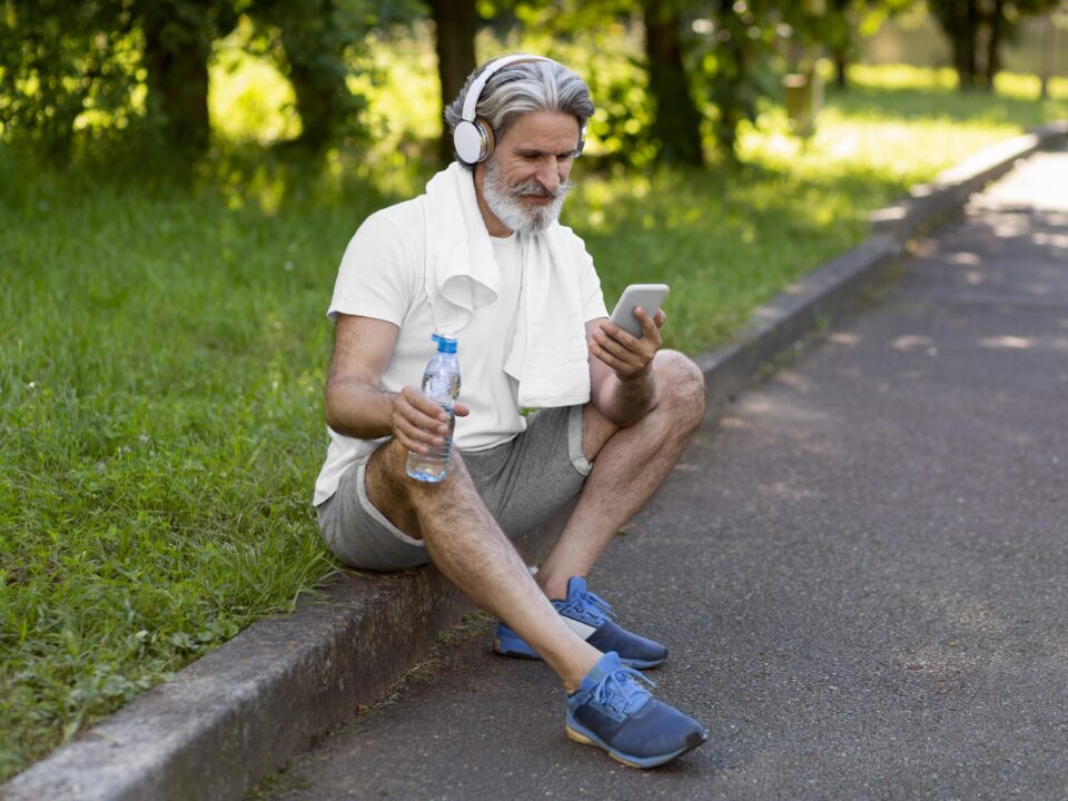 Ilustra a prática regular de exercícios para prevenir diabetes em adultos acima de 50 anos.